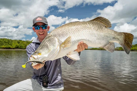 Tackle World expert Shane Compain holding an enormous barramundi caught with the Berkley SHIMMA Pro-Rig, showcasing the rig’s effectiveness for big catches