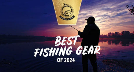 Fisherman casting a line at dusk alongside the AFTA logo, highlighting top fishing gear recommendations for 2024