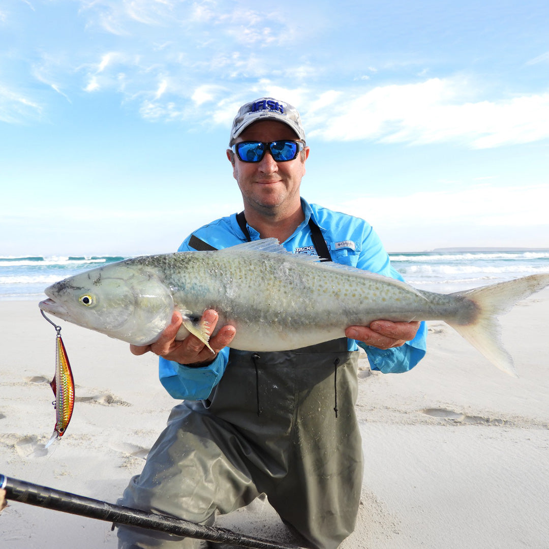 A gold coloured Jackson G-Control proves successful on a large Australian salmon from the beach.