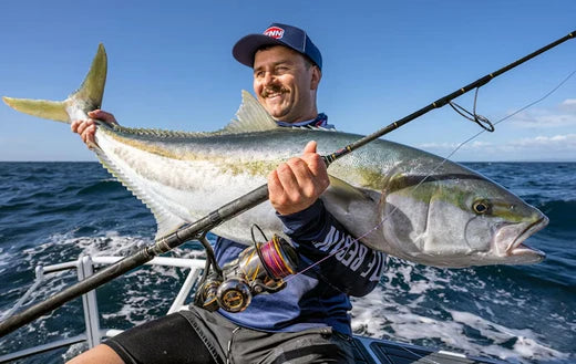 Smiling angler proudly holding a giant kingfish, celebrating a successful catch and showcasing trophy fishing moments