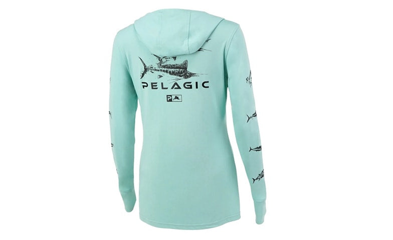 Pelagic Womens Ultratek Hooded Shirt Gyotaku Turquoise